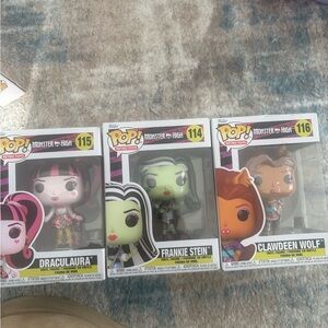 monster high funko pops frankie stein draculara and clawdeen wolf